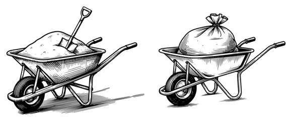 Hand drawn illustration of construction wheelbarrows with sand shovel and heavy bag © AnjaliDesai
