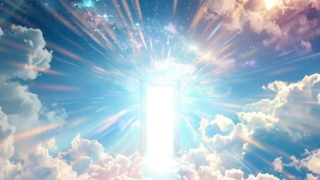 Bright ethereal light shining through opening in the sky with fluffy clouds