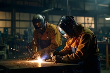 Heavy industry welding scene, dramatic lighting, wide shot
