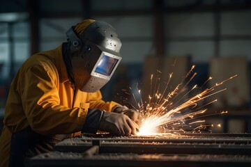 Factory welding work, close-up sparks detail, defocused industrial background
