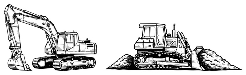 Heavy construction machinery excavator and bulldozer in vintage hand drawn engraving style © AnjaliDesai