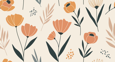 Seamless floral pattern with orange flowers and leaves on beige background.