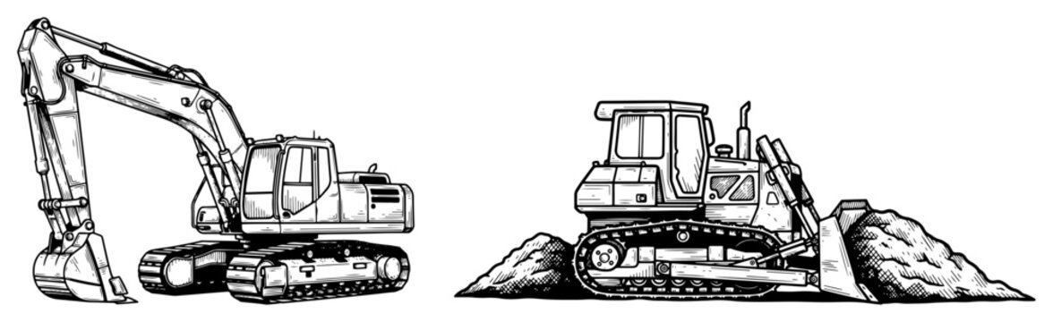 Heavy construction machinery excavator and bulldozer in vintage hand drawn engraving style
