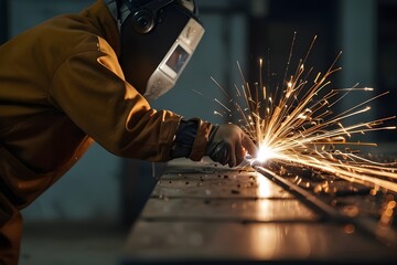 Factory welding work, close-up sparks detail, defocused industrial background
