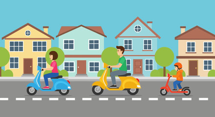 Three people riding scooters on a suburban street with houses.