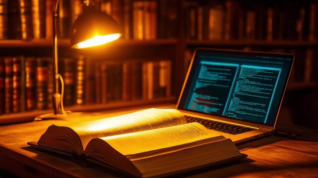 A desk with a warm lamp illuminating an open book and a laptop showing code while surrounded by shelves of books in a library during the evening