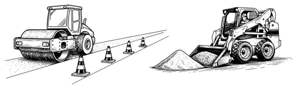 Detailed ink sketch of a road roller and skid steer loader working on a pavement project