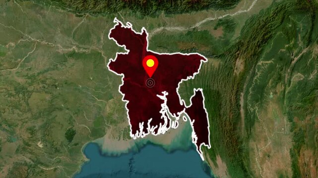 Bangladesh map animation with location pin marker, highlighted country outline, South Asia geographic region, travel destination infographic