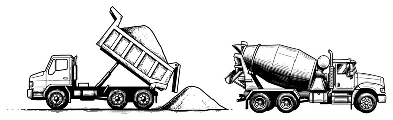 Pair of construction trucks including a concrete mixer and a tipper unloading sand © AnjaliDesai