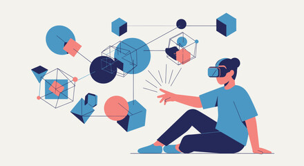 Man wearing virtual reality headset interacting with digital elements.