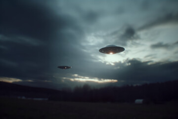 Two UFOs hovering under a cloudy sky.