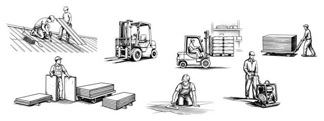 Collection of construction site workers and warehouse equipment in vintage engraving style © AnjaliDesai