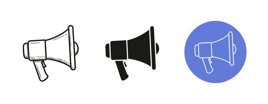 Set of megaphone icons: sketch, solid black, and blue circle variants