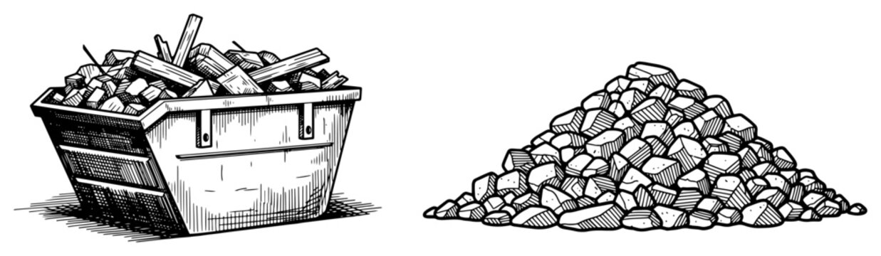 Construction debris skip bin and pile of stones in vintage hand drawn engraving style