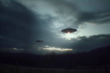 Two UFOs flying in a cloudy sky.