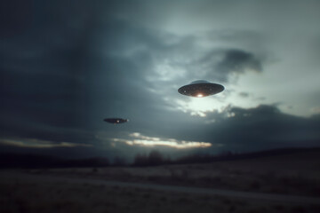 Two UFOs hovering in a cloudy sky.