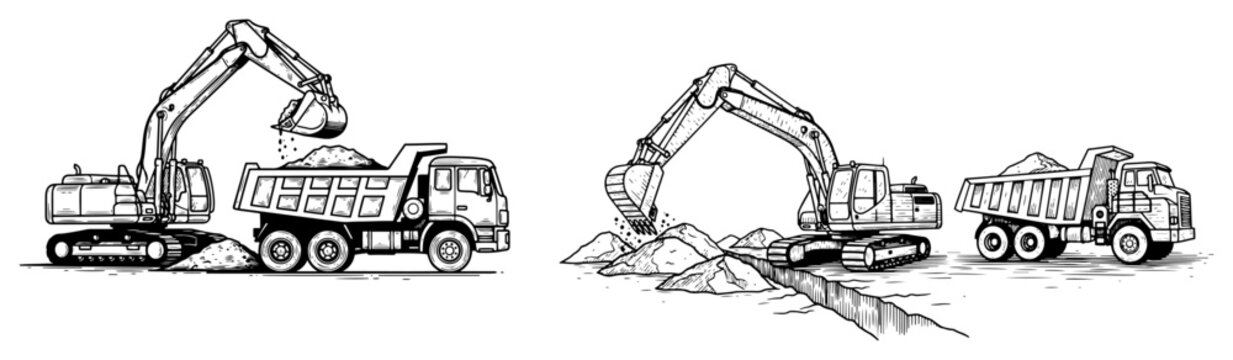 Construction site sketch of excavators loading earth into dump trucks for ground works