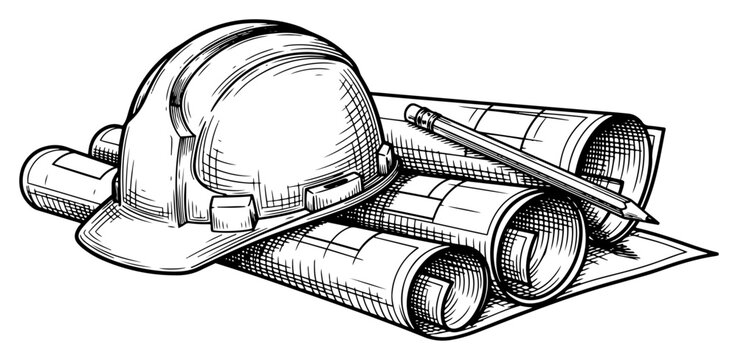 Hand drawn ink sketch of a construction hard hat and rolled blueprints with a pencil