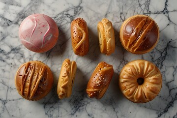 French pastry food template, overhead flat lay, clean marble surface

