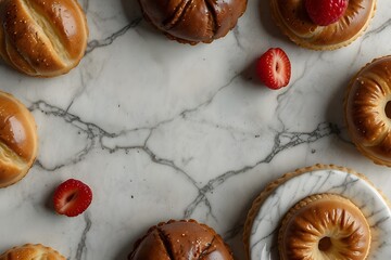 French pastry food template, overhead flat lay, clean marble surface

