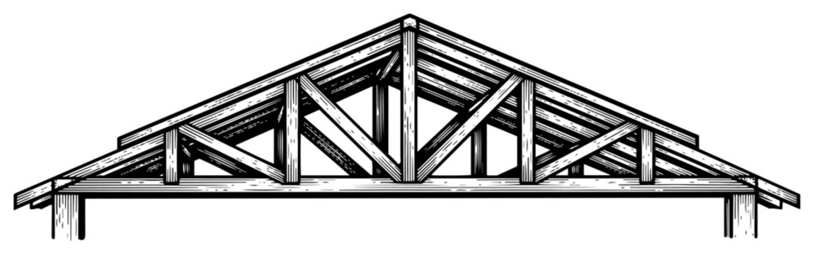 Wooden roof truss structure for house construction in vintage engraving style