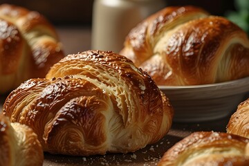 Croissant bakery concept, close-up shot, warm summer background
