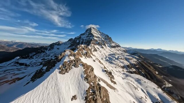 Epic aerial view of a snow-covered mountain peak on a clear, sunny day with blue skies and wispy clouds