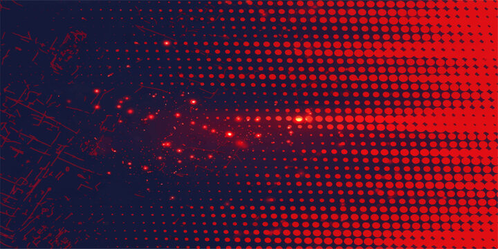A vibrant red digital backdrop featuring glowing neon circles and a textured mosaic design