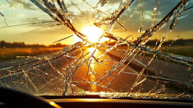 A cracked windshield captures the setting sun as it shines down an empty road in the evening. Car accident, vehicle insurance