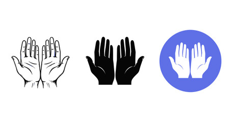 Obraz premium Diverse hand illustrations: line art, silhouette, emoji in blue circle