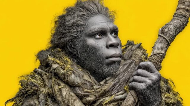 A prehistoric man with lifelike features holds a spear while wearing natural materials against a yellow background