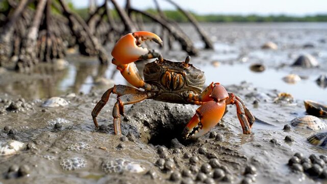 Close-up of a fiddler crab waving its large orange claw in a muddy coastal environment