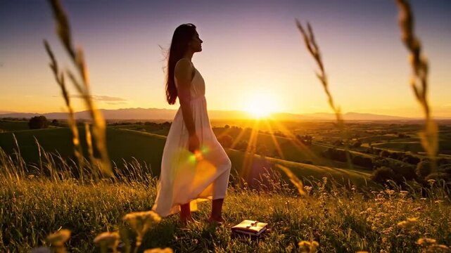 Woman enjoying a sunset standing on a hill barefoot in a flowing dress with a journal beside her.
