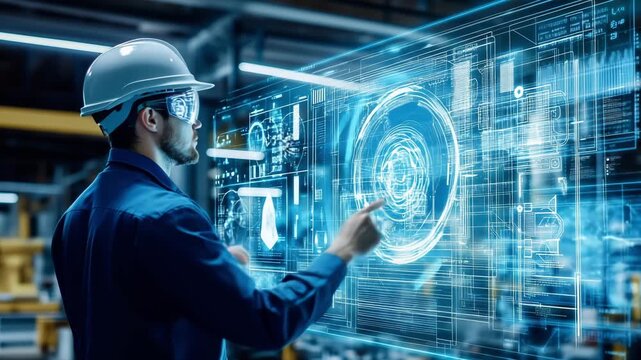 An engineer uses a digital interface to analyze data and perform tasks inside a modern technology facility