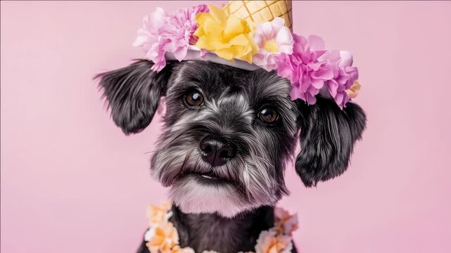 A small, adorable schnauzer wearing a flower crown and a party hat for a fun and festive look.
