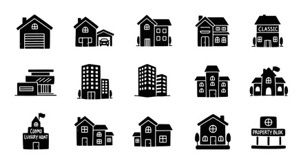 Collection of 15 black silhouette icons of various residential, commercial, and real estate buildings