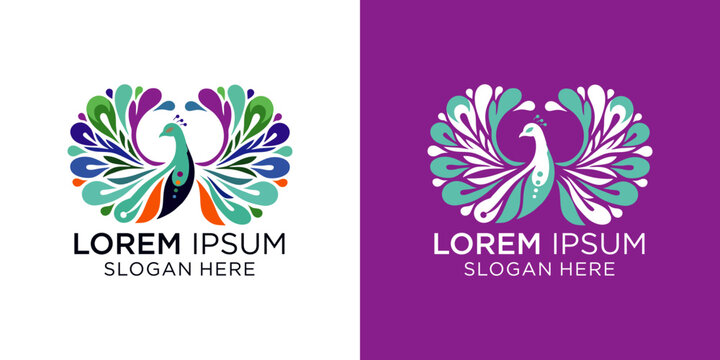 Eye-catching beautifull and colorfull peacock logo designs featuring vibrant floral patterns and placeholder text, perfect for businesses seeking a modern brand identity