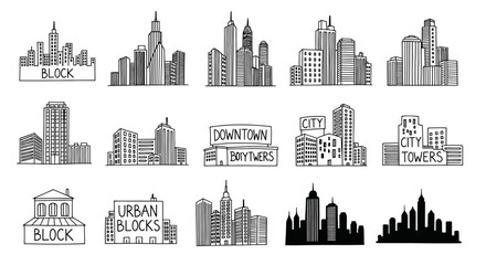 Fototapeta premium Diverse black and white city skyline sketches with various building styles and labels