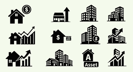 Fototapeta premium Collection of black and white icons representing real estate, investment, and property growth concepts