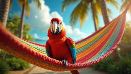 Obraz premium Bright red macaw parrot sits on colorful striped hammock at sunny beach. Palm trees and blue sky in background. Tropical bird rest on beach furniture.