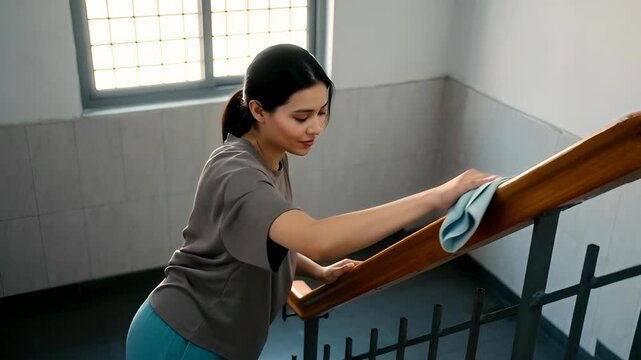 Young woman cleaning wooden banister and handrail with cloth bright stairwell, sunlight through window, domestic cleaning chore, smiling and focused