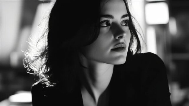 Sultry, introspective gaze; soft lighting ambiance; urban nightlife setting