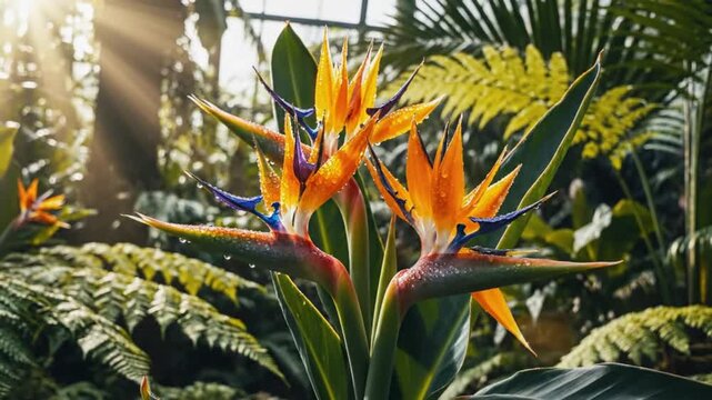 Lush Bird of Paradise Flowers in Bloom with Colorful Petals and Foliage Bathed in Sunlight