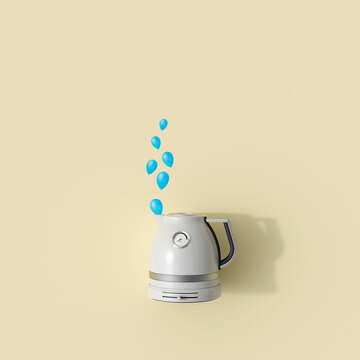 3d render of electric kettle with water drops on beige background
