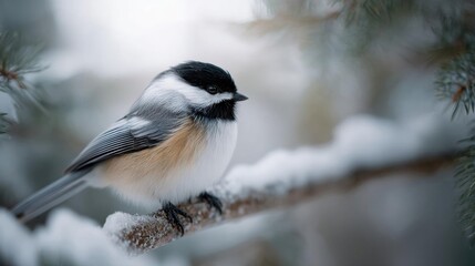 Obraz premium Photograph of a small bird perched on a branch of a pine tree. the bird is a black-capped chickadee, with a black cap and a white chest and wings. it has a black patch on its head and a black beak.