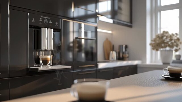 Modern built in coffee machine preparing fresh espresso in stylish kitchen interior with cups on countertop and soft natural daylight