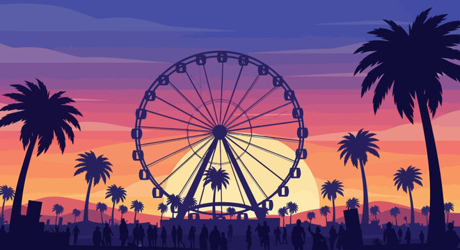 A vibrant flat design illustration capturing the iconic Coachella Ferris wheel against a stylized desert sunset, with abstract festival-goers enjoying the view. 