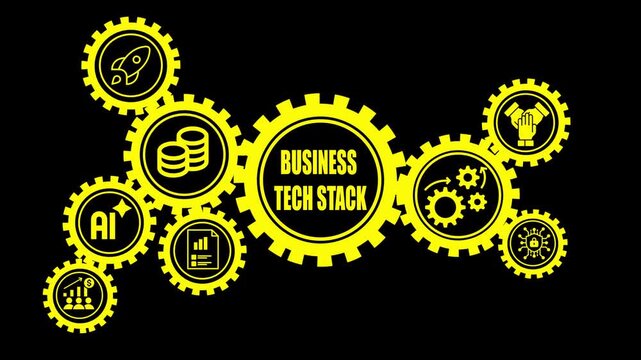 Interconnected yellow gears with representing business technology stack including AI rocket coins and charts on black background Keywords: business