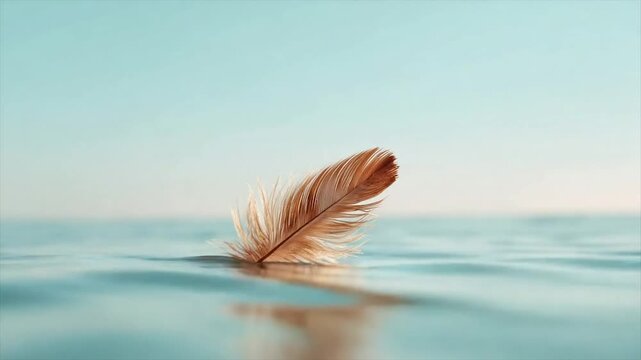 A single, brown feather floats on calm, blue water, reflected below, under a light blue sky