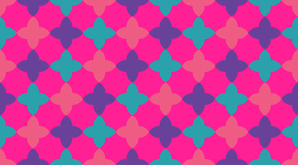 A vibrant geometric pattern featuring interlocking diamond and quatrefoil shapes.